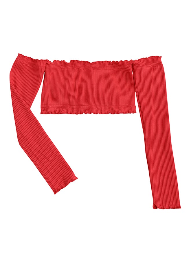 Ribbed Off-Shoulder Crop Top Red - Image 1