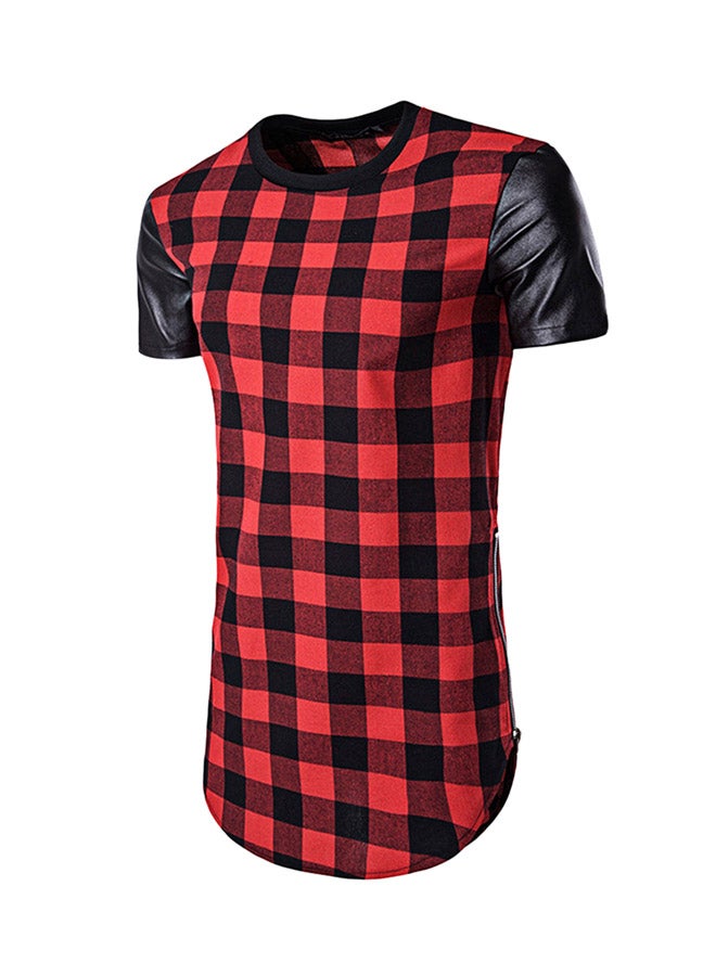 Zip Up Plaid Longline T-Shirt Red/Black  - Image 1