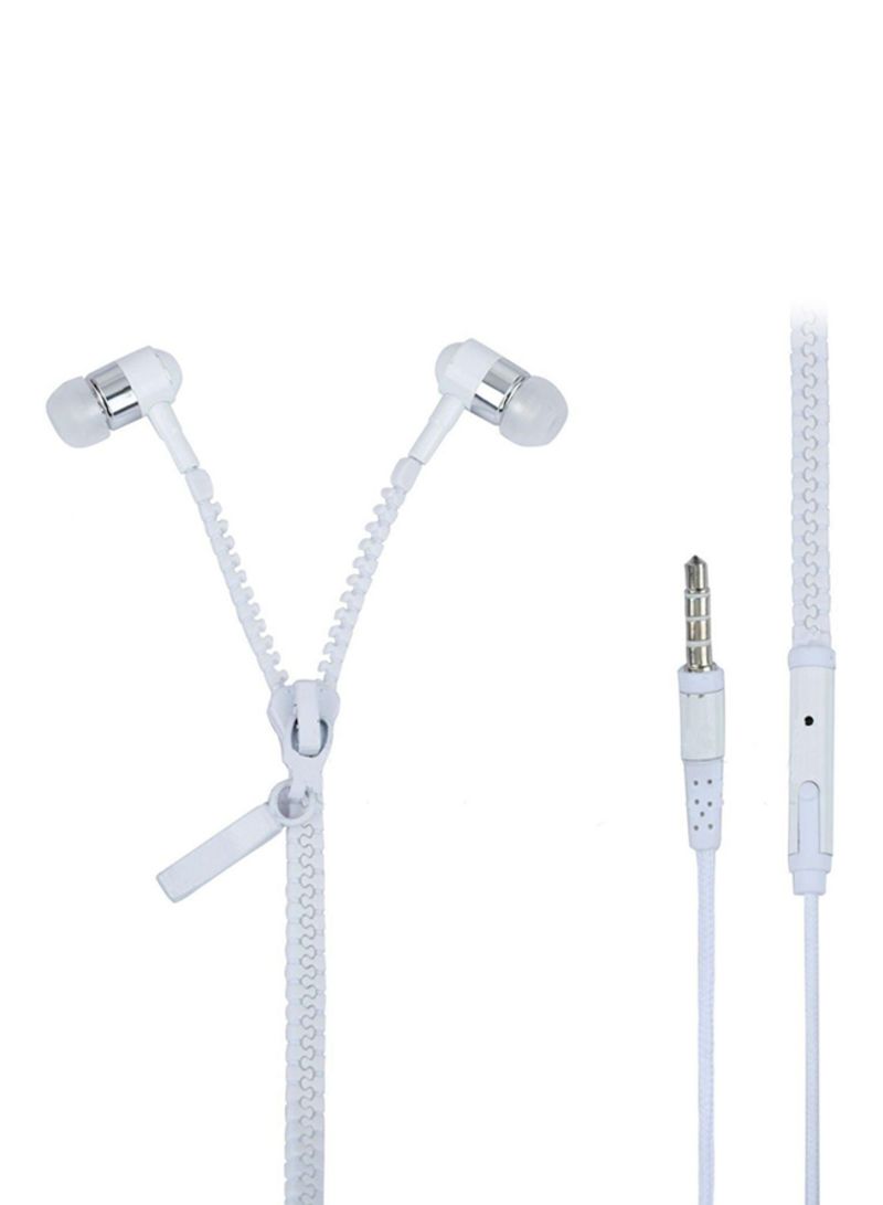 In-Ear Metal Bass Zipper Sports Headset With Mic White - Image 1