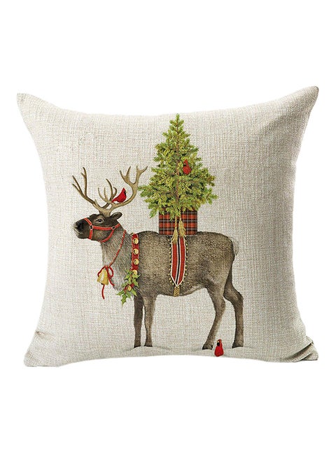 Christmas Deer Printed Throw Pillow Cover White/Brown/Green 45x45centimeter