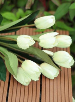Bluelans 9 Heads Artificial Tulip Silk Flower Bouquet White/Green 38centimeter 