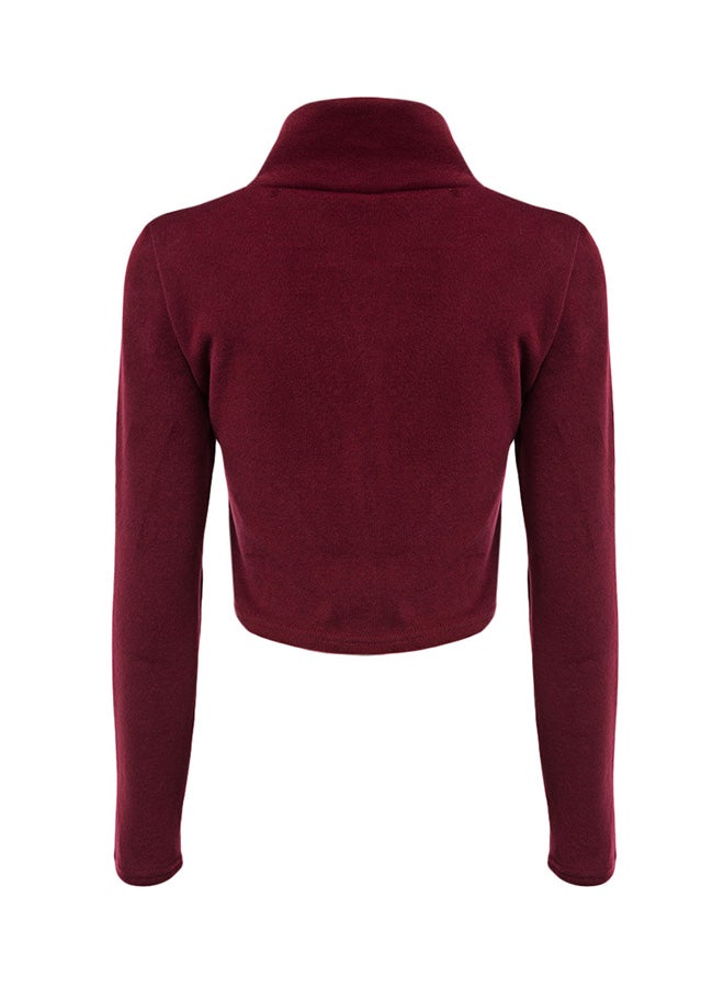 Drawstring Rib Knit Long Sleeve Blouse Wine Red  - Image 2
