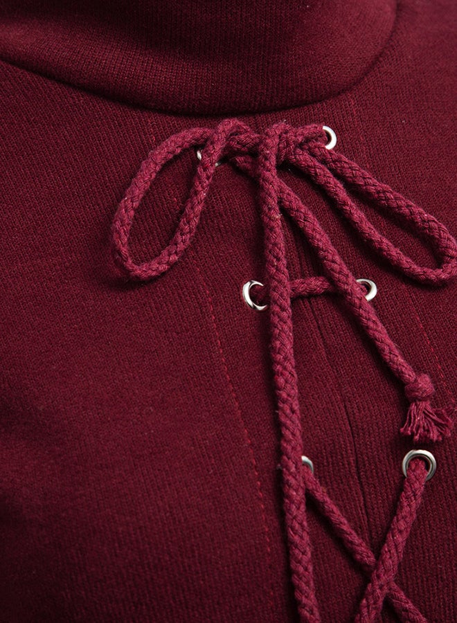 Drawstring Rib Knit Long Sleeve Blouse Wine Red  - Image 4