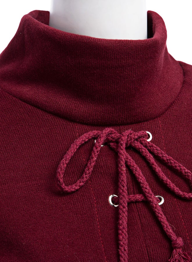 Drawstring Rib Knit Long Sleeve Blouse Wine Red  - Image 3