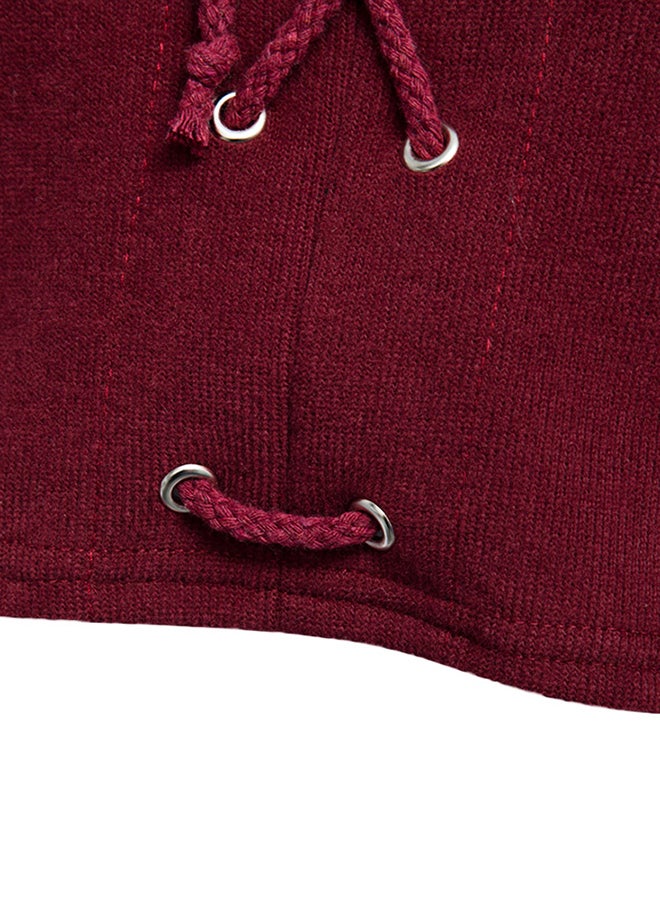Drawstring Rib Knit Long Sleeve Blouse Wine Red  - Image 5