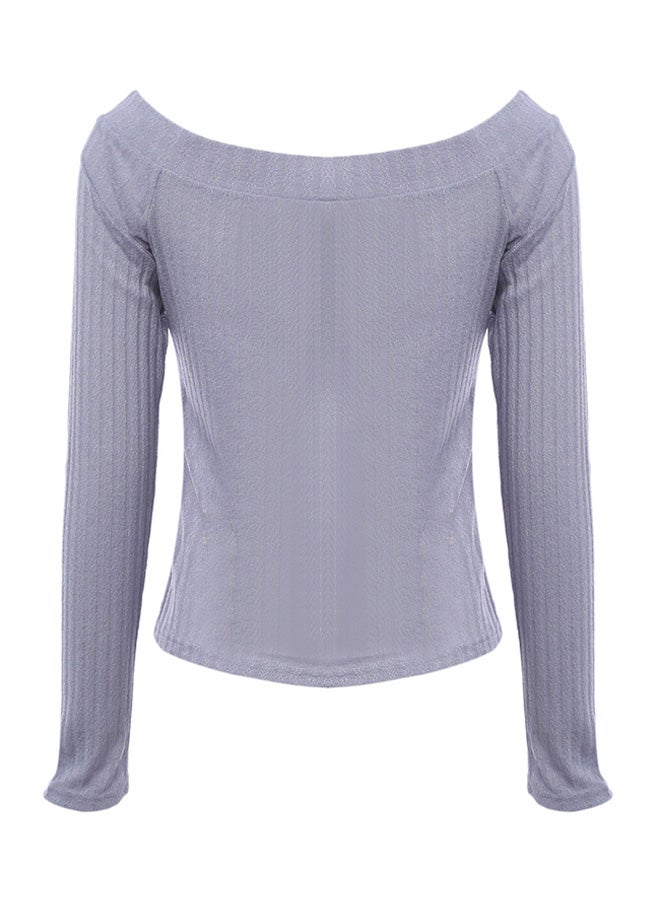 Generic - Off Shoulder Rib Knitted Long Sleeve Pullover Grey - Image 1