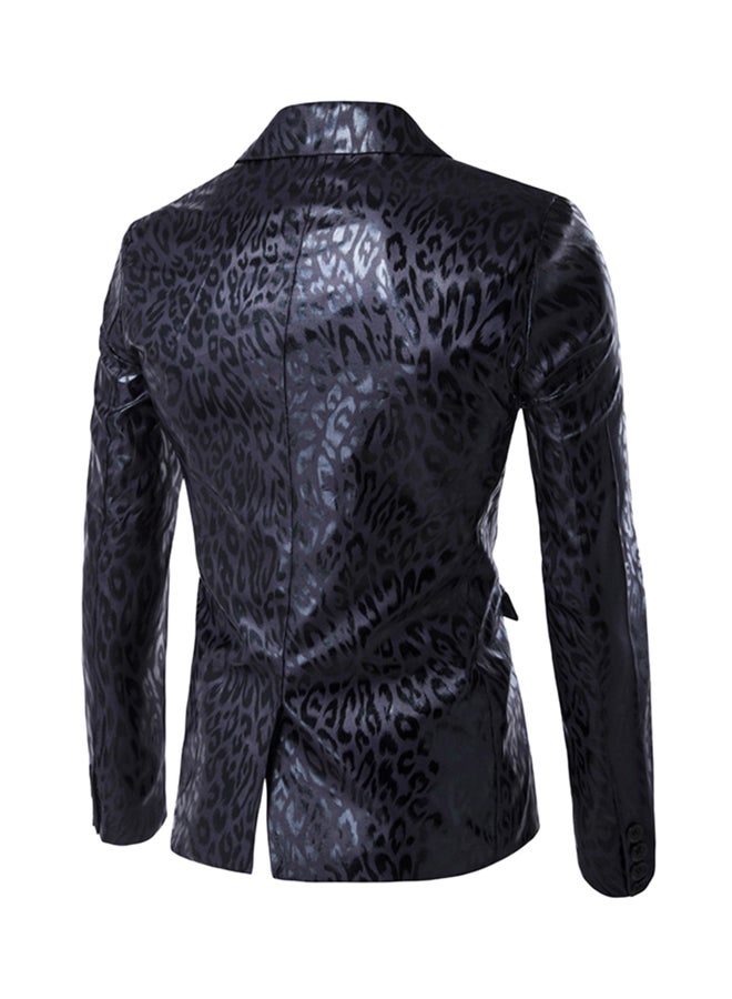 Lapel Leopard One Button Long Sleeve Blazer Black  - Image 2