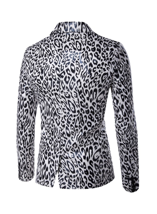 Lapel Leopard One Button Long Sleeve Blazer Black/White - Image 2