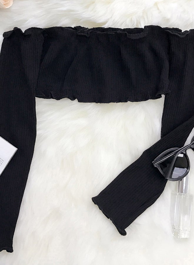 Ribbed Off-Shoulder Crop Top Black - Image 2