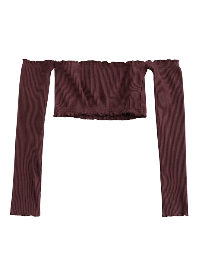 Ribbed Off-Shoulder Crop Top Dark Red
