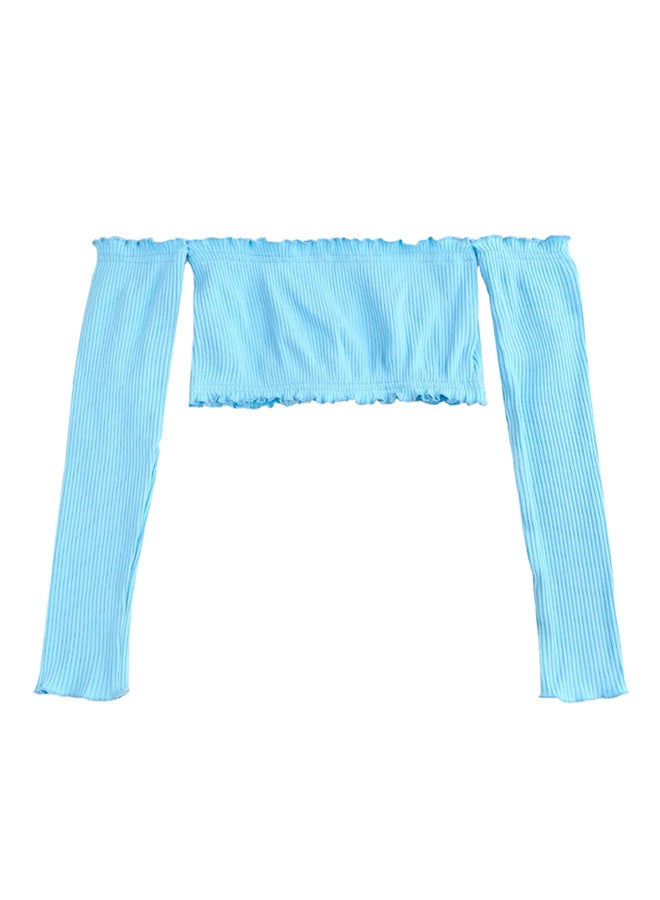 Ribbed Off-Shoulder Crop Top Light Blue