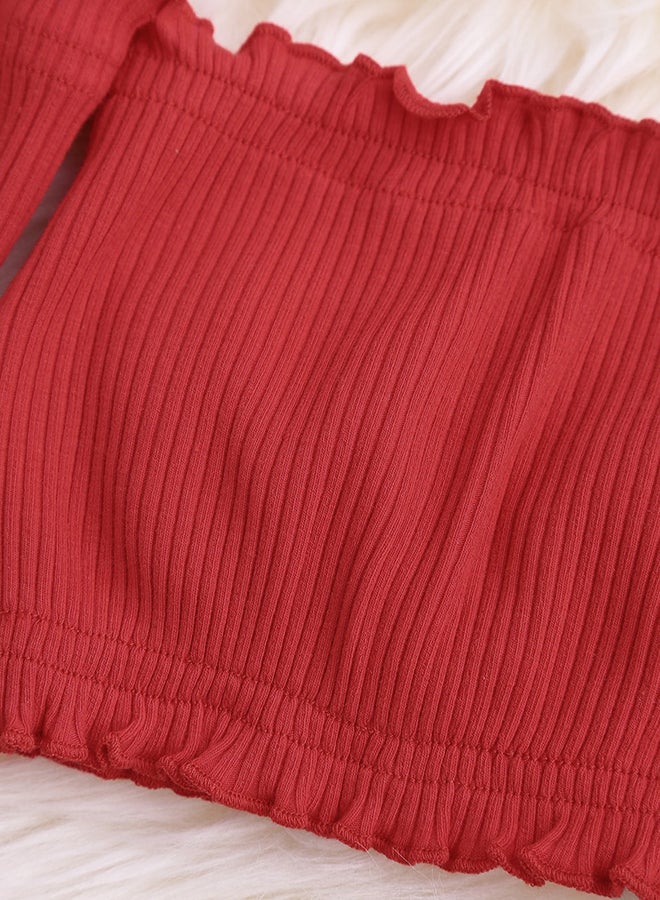 Ribbed Off-Shoulder Crop Top Red - Image 2