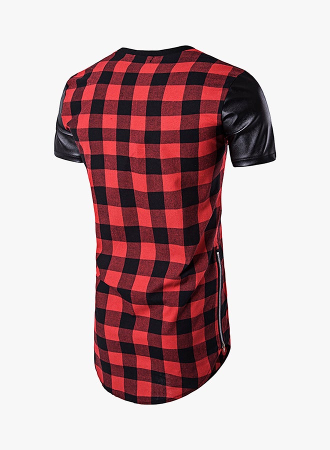 Zip Up Plaid Longline T-Shirt Red/Black  - Image 2