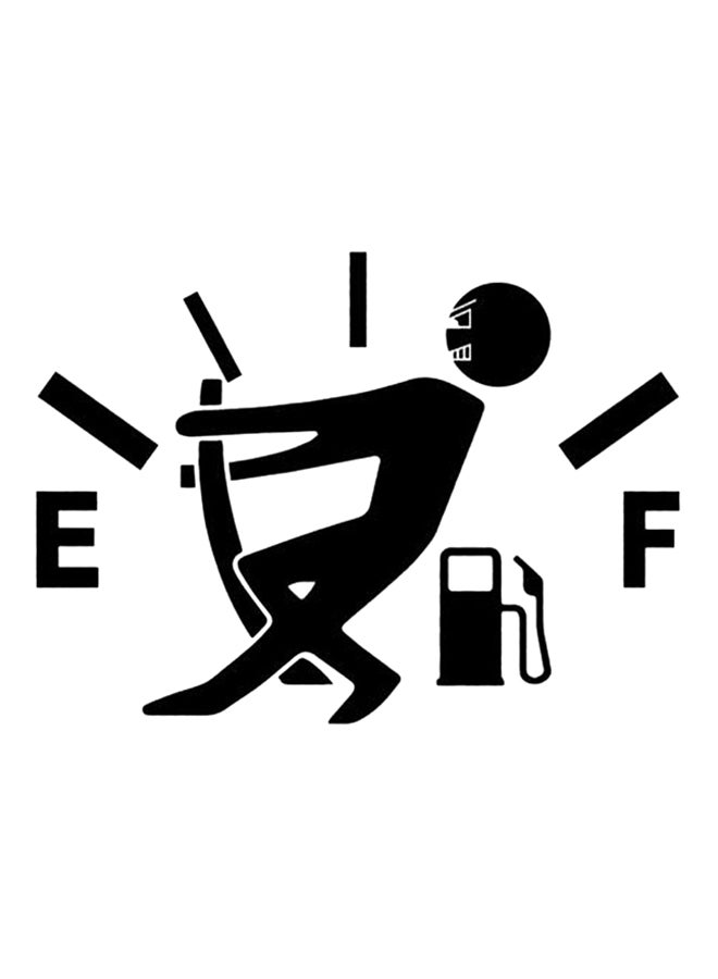 ملصق سيارة برسمة لمؤشر عداد سيارة استهلاكها عالٍ من الغاز يشير إلى نفاد الوقود منها