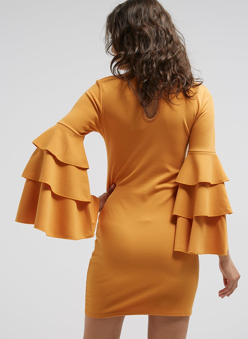 Diva London - Triple Frill Sleeve Bodycon Dress Yellow - Image 1