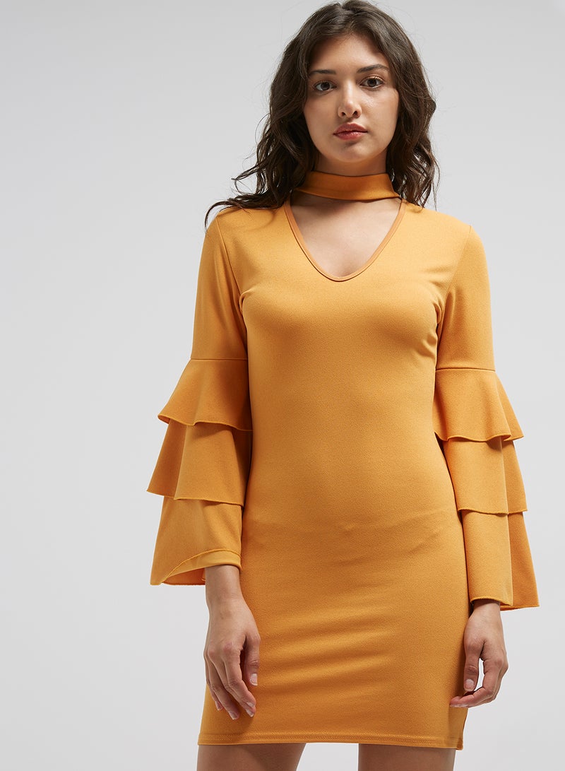 Diva London - Triple Frill Sleeve Bodycon Dress Yellow - Image 1