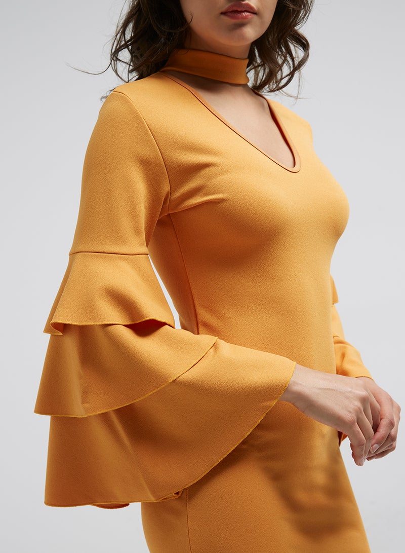Diva London - Triple Frill Sleeve Bodycon Dress Yellow - Image 1