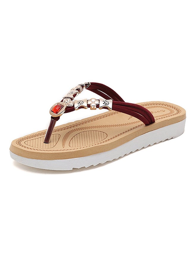 OUTAD Beaded Rhinestone Slip On Slide Red/Beige 