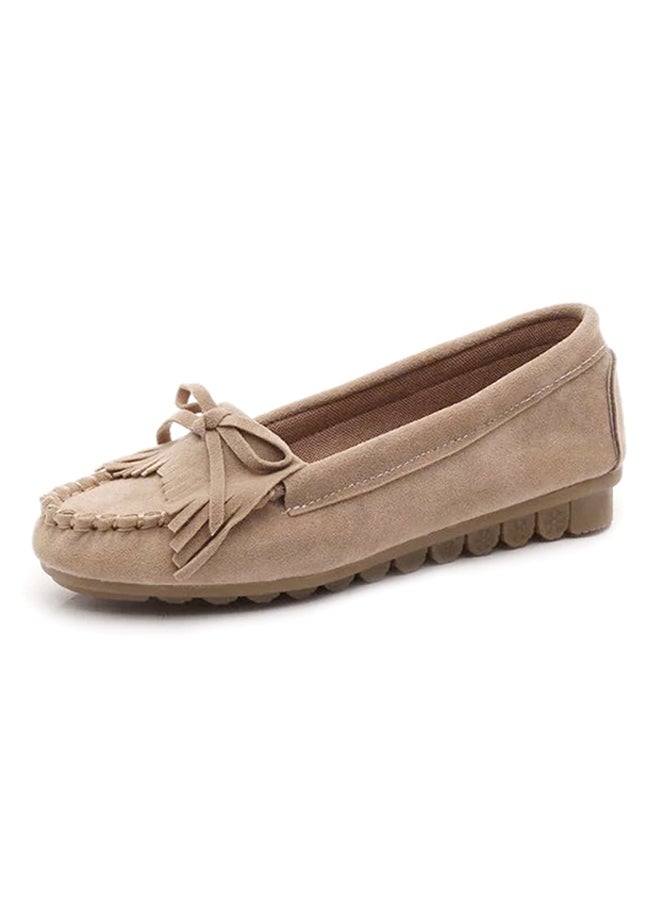 OUTAD - Head Tassel Decoration Loafer Shoe Apricot - Image 1