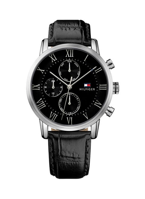 Men's Kane Round Shape Leather Band Analog Wrist Watch 44 mm - Black - 1791401
