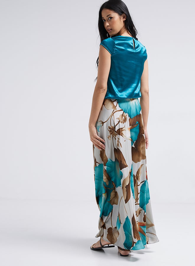 Seden Floral Printed Layered Maxi Dress Turquoise Blue/Brown/Beige - Image 2