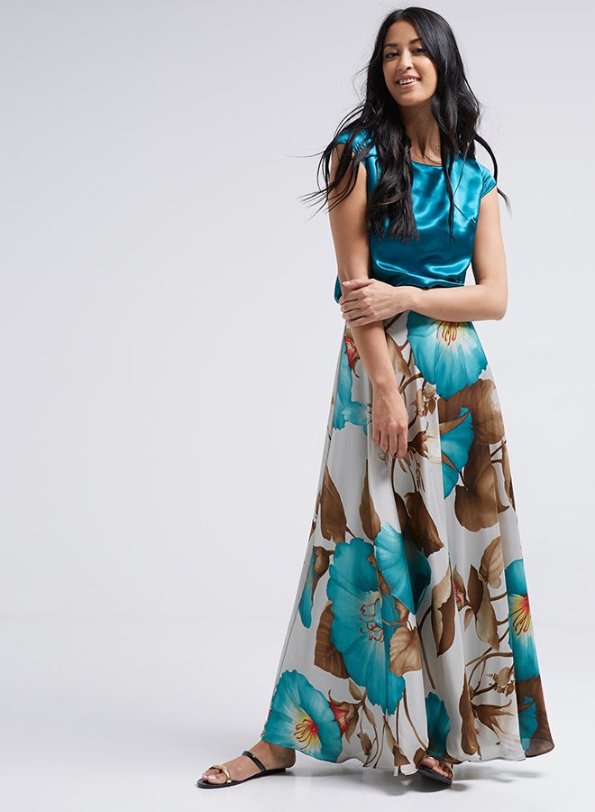 Seden Floral Printed Layered Maxi Dress Turquoise Blue/Brown/Beige - Image 1
