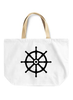 Pirates Ship Wheel Nautical Beach Tote Bag White/Beige