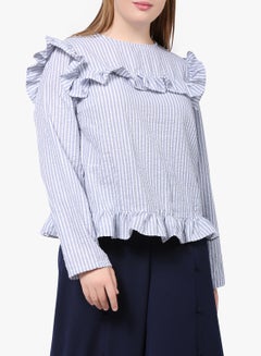 Striped Ruffle Detail Long Sleeve Top White