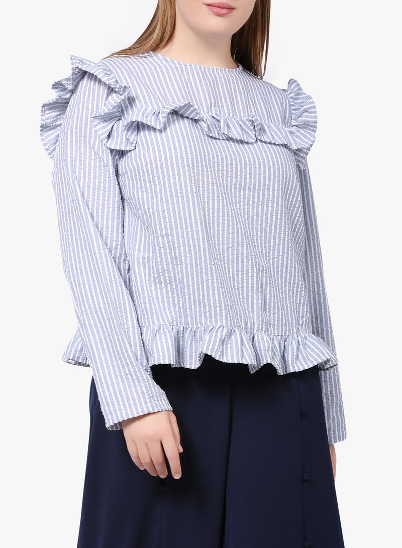 LOST INK PLUS - Striped Ruffle Detail Long Sleeve Top White - Image 1