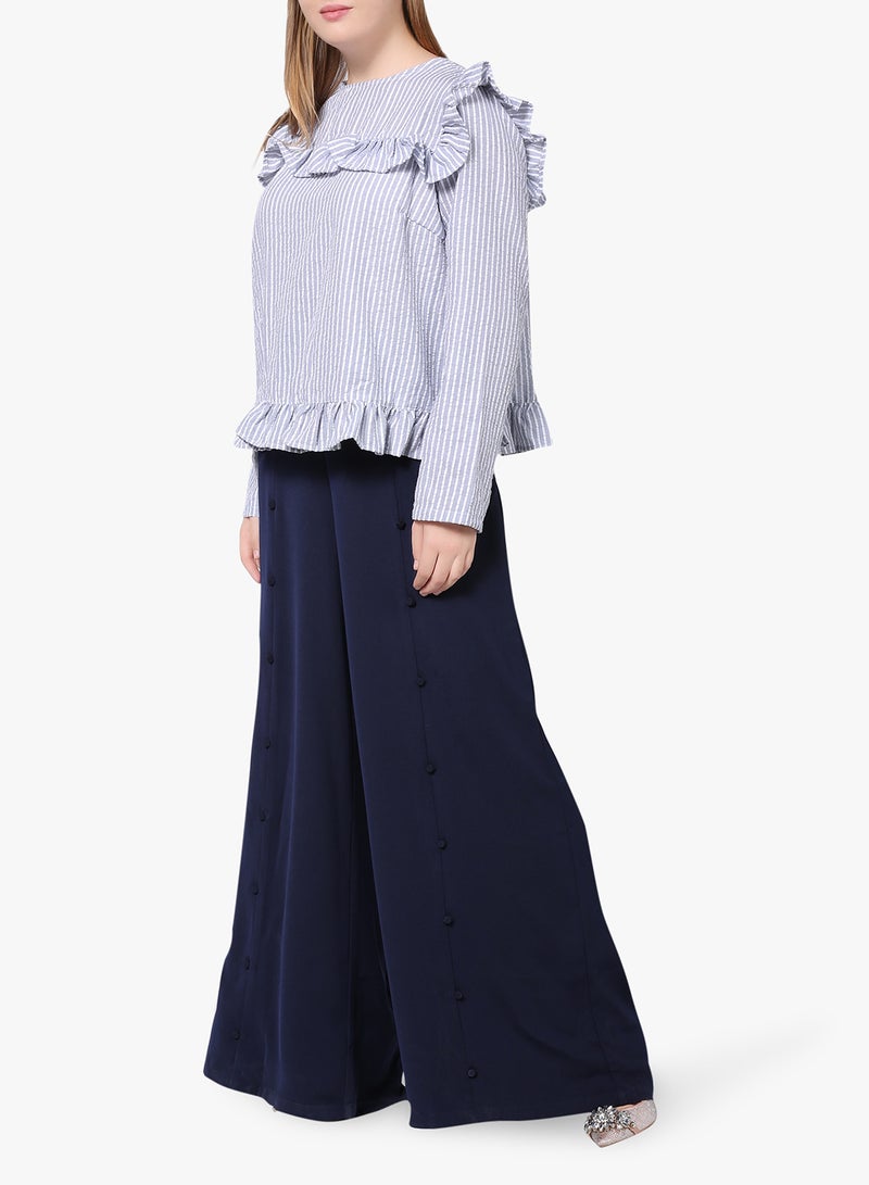 LOST INK PLUS - Striped Ruffle Detail Long Sleeve Top White - Image 1