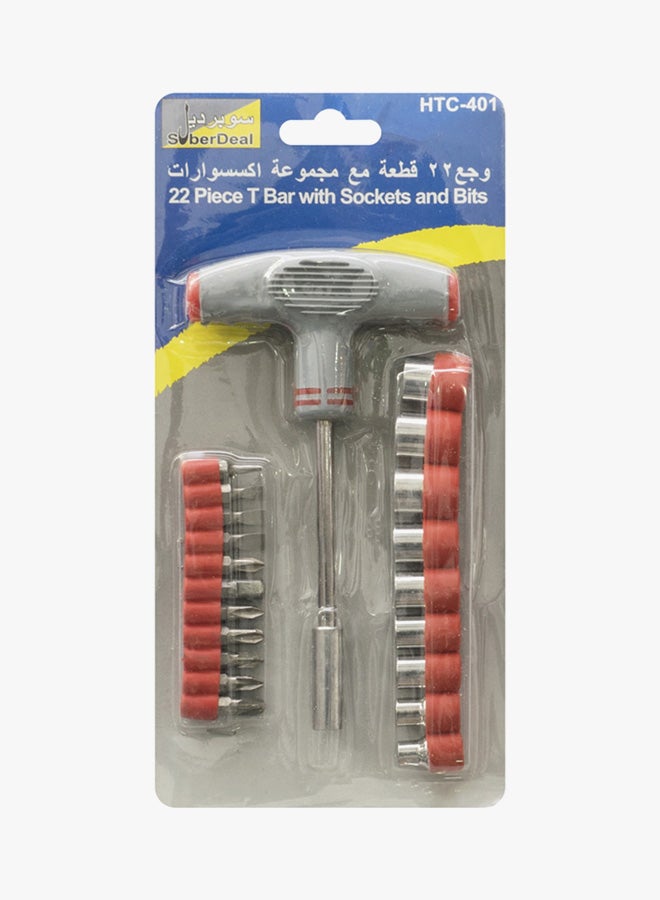 22-Piece T-Bar With Sockets And Bits Set Red/Grey/Silver