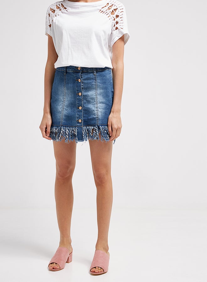 BRAVE SOUL - Frayed Hem Denim Skirt Dark Denim - Image 1
