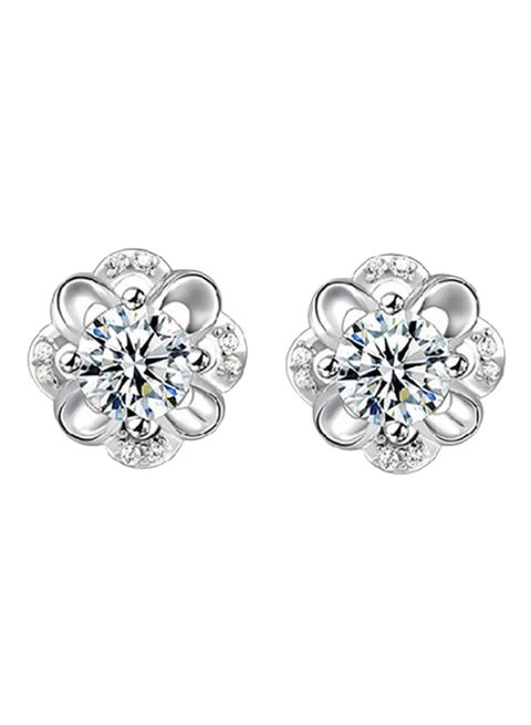 925 Sterling Silver Rhinestone Studded Hollow Flower Stud Earrings