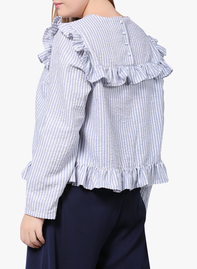 LOST INK PLUS - Striped Ruffle Detail Long Sleeve Top White - Image 1