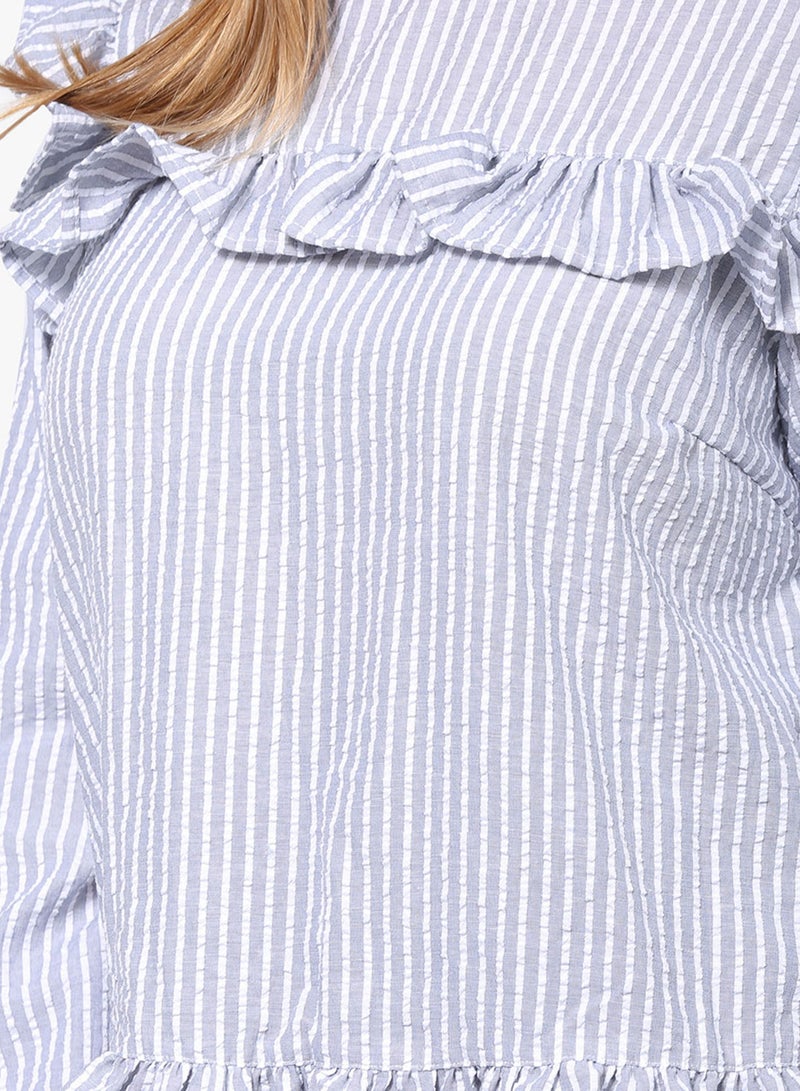 LOST INK PLUS - Striped Ruffle Detail Long Sleeve Top White - Image 1
