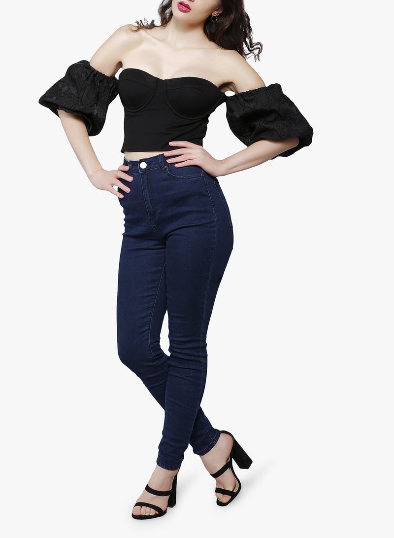 LOST INK Puff Sleeve Bustier Top Black  - Image 3