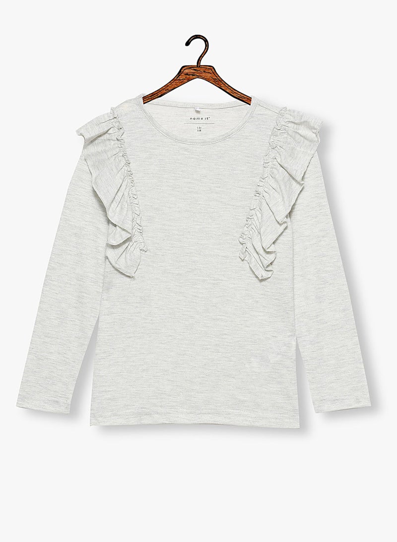NAME IT Kids Shimmery Flounce Long Sleeve T-Shirt Light Grey - Image 1