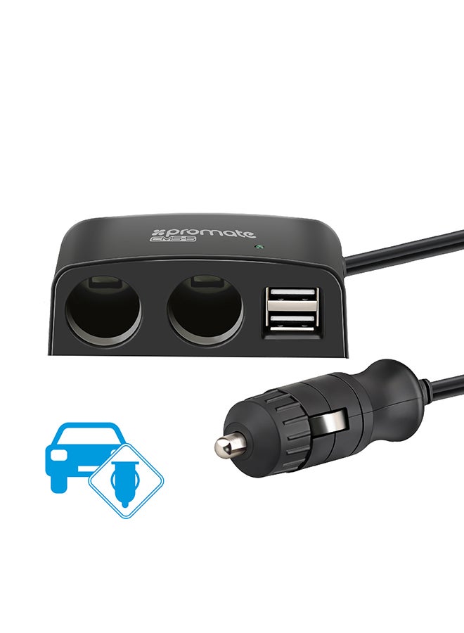 PROMATE - 2 Way 12V Car Charger Lighter Socket Splitter Plug With Dual USB Port And Auto-Voltage Regulator For GPS/Smartphones/Tablets Black - Image 1