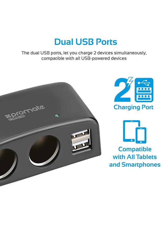 PROMATE - 2 Way 12V Car Charger Lighter Socket Splitter Plug With Dual USB Port And Auto-Voltage Regulator For GPS/Smartphones/Tablets Black - Image 1