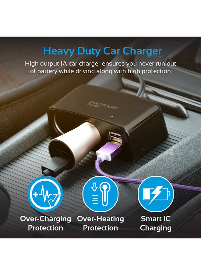 PROMATE - 2 Way 12V Car Charger Lighter Socket Splitter Plug With Dual USB Port And Auto-Voltage Regulator For GPS/Smartphones/Tablets Black - Image 1