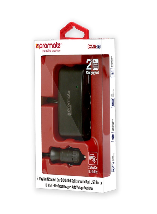PROMATE - 2 Way 12V Car Charger Lighter Socket Splitter Plug With Dual USB Port And Auto-Voltage Regulator For GPS/Smartphones/Tablets Black - Image 1