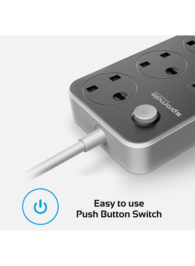 PROMATE - Power Extension, 2500W Universal 3-Outlet Surge Protector Power Strip with 6 USB Charging Port, Automatic Voltage Regulation and 2M Cord for all AC and USB Powered Devices Black - Image 1