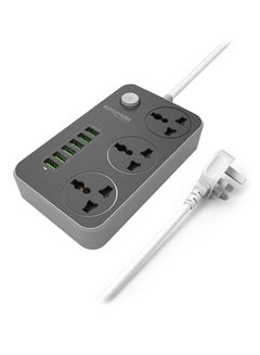 Power Extension, 2500W Universal 3-Outlet Surge Protector Power Strip with 6 USB Charging Port, Automatic Voltage Regulation and 2M Cord for all AC and USB Powered Devices Black