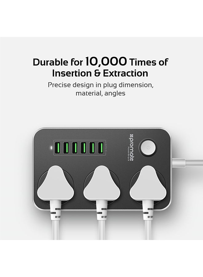 PROMATE - Power Extension, 2500W Universal 3-Outlet Surge Protector Power Strip with 6 USB Charging Port, Automatic Voltage Regulation and 2M Cord for all AC and USB Powered Devices Black - Image 1