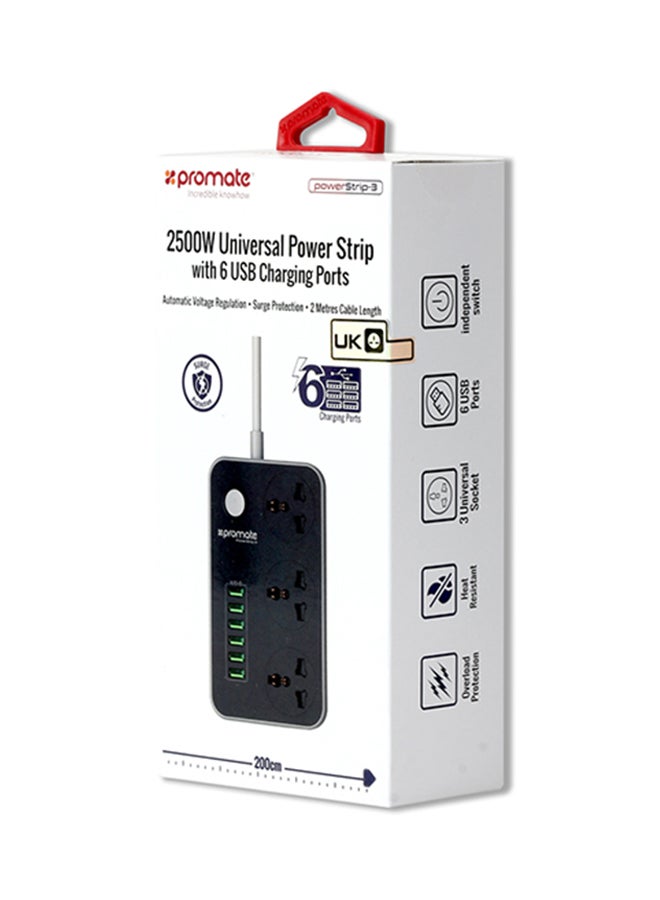PROMATE - Power Extension, 2500W Universal 3-Outlet Surge Protector Power Strip with 6 USB Charging Port, Automatic Voltage Regulation and 2M Cord for all AC and USB Powered Devices Black - Image 1