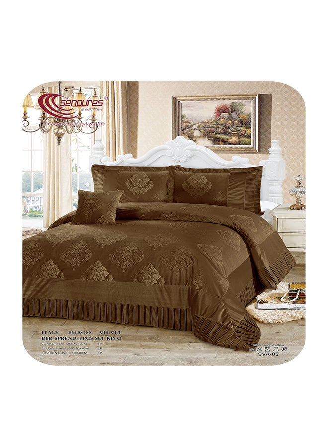 Senoures 4-Piece Italy Embossed Bed Spread Set Velvet Brown 