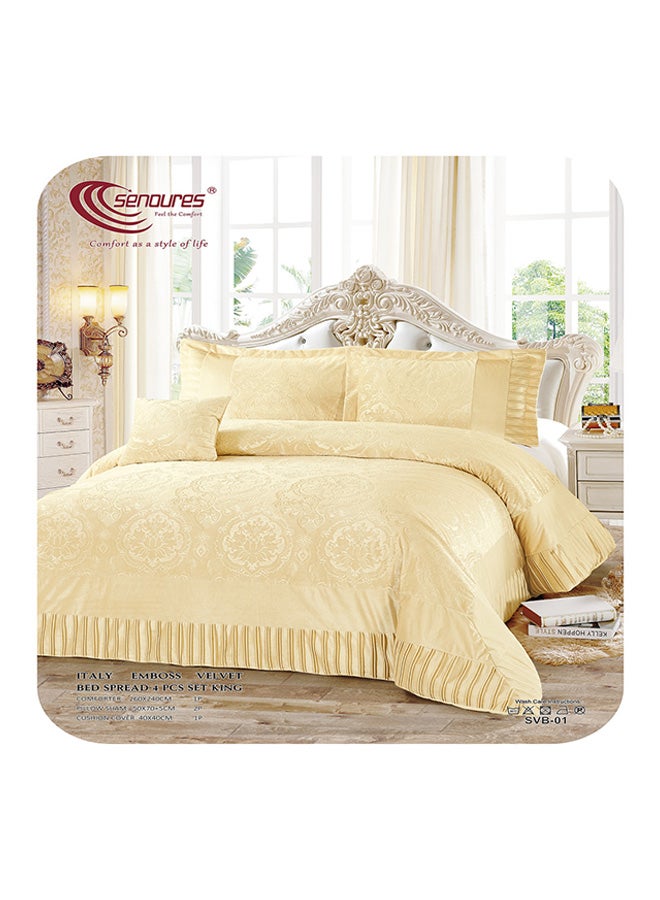Senoures - 4-Piece Italy Embossed Bed Spread Set Velvet Beige - Image 1