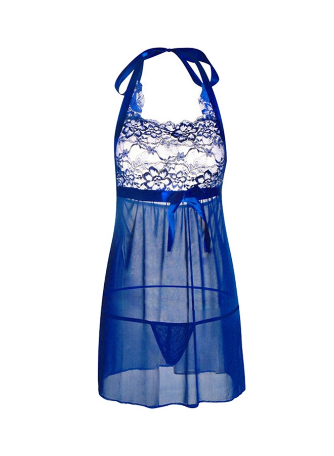 Beauty Rosy Lace Embroidery Sleepwear Nightdress Blue  - Image 1