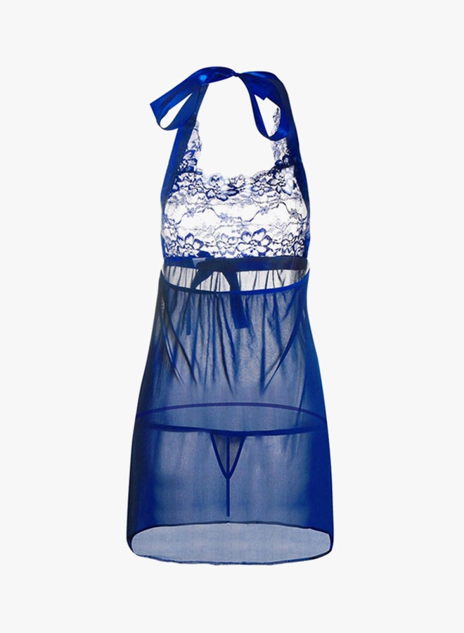 Beauty Rosy Lace Embroidery Sleepwear Nightdress Blue  - Image 2