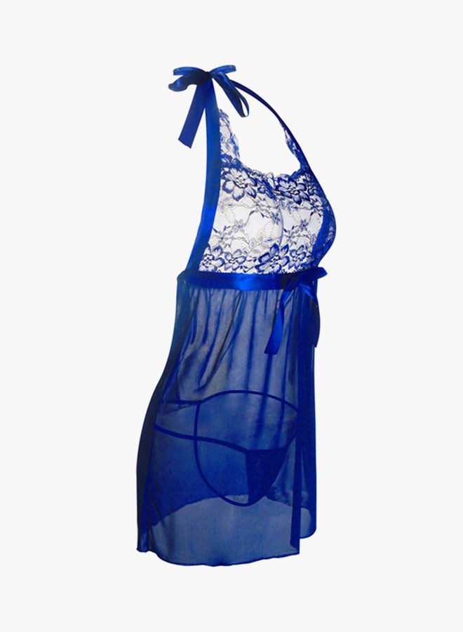 Beauty Rosy Lace Embroidery Sleepwear Nightdress Blue  - Image 3